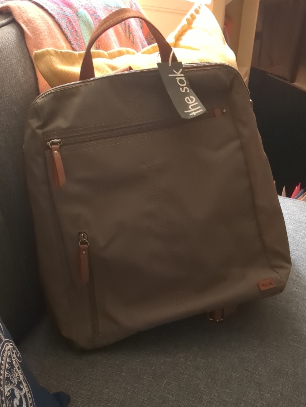 The Sak Olive Backpack with Brown Leather Accents